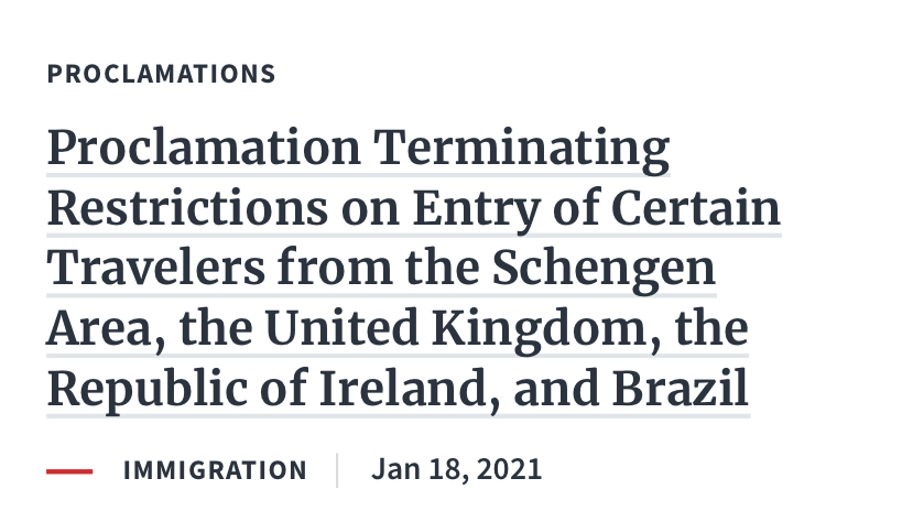 Una de las ultimas acciones presidenciales de Donald J. Trump antes de dejar la Casa Blanca ha sido terminar con la restricción de entrada al país, por causa del covid-19, a los ciudadanos del espacio Schengen, Reino Unido, Irlanda y Brasil, con efectividad desde el 26 de Enero 2021. El pasado 12 de Enero 2021 […]